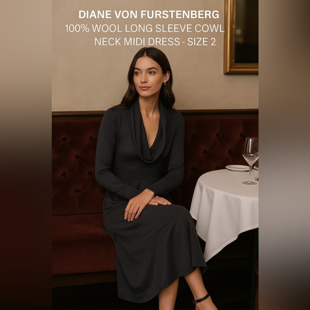 Diane von Furstenberg 100% Wool Long Sleeve Cowl Neck Midi Dress – Size 2